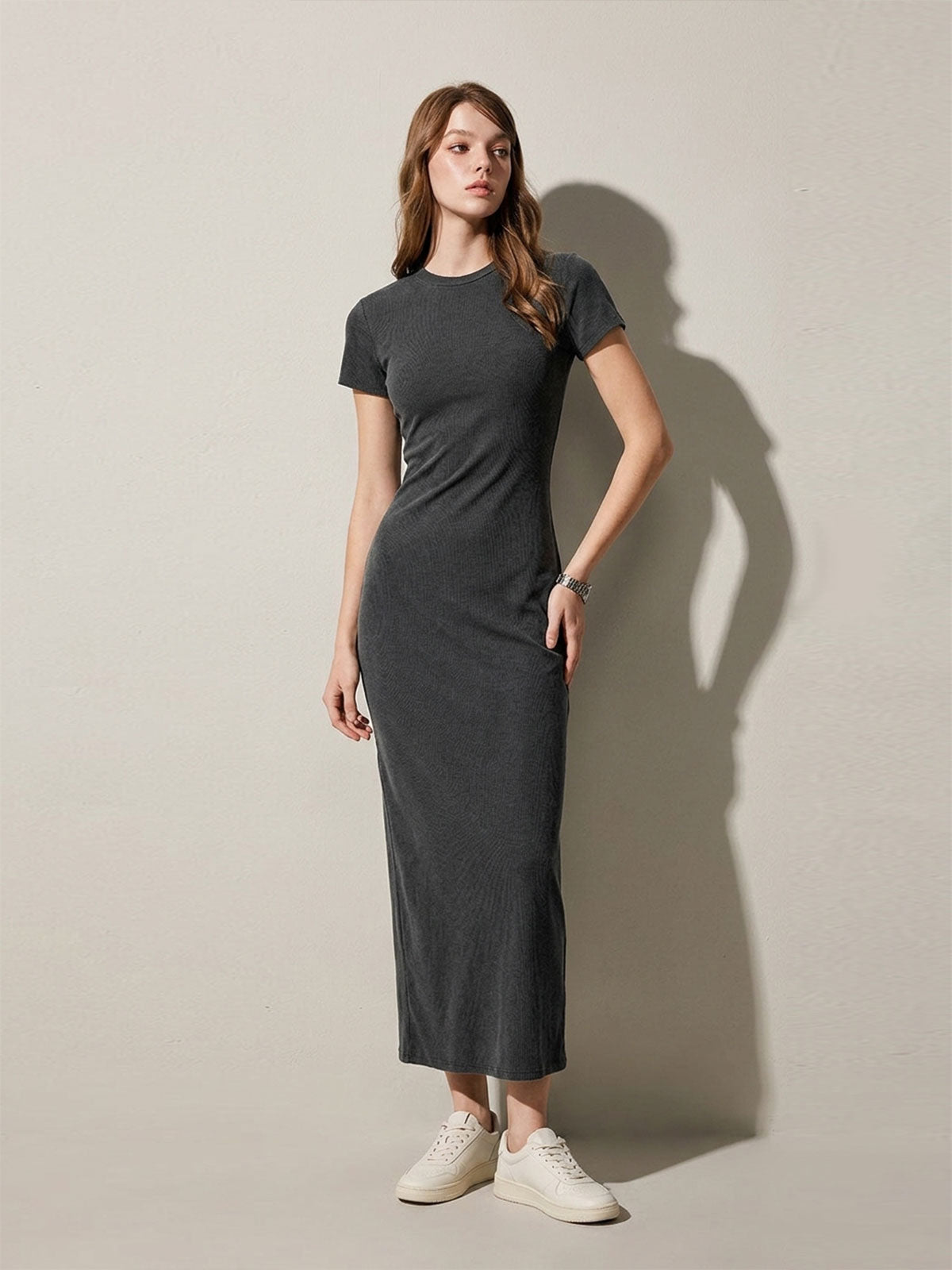 Fitted Crewneck Short-Sleeve Long Dress