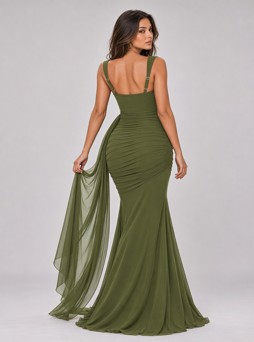 Maureen Ruched Mesh-Drape Maxi Dress
