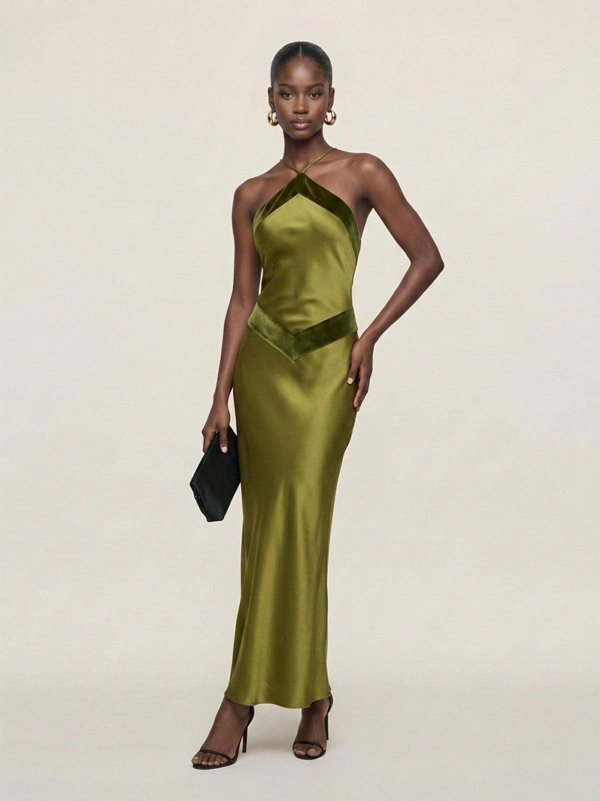 Contrast-Trim Satin Halter Maxi Dress