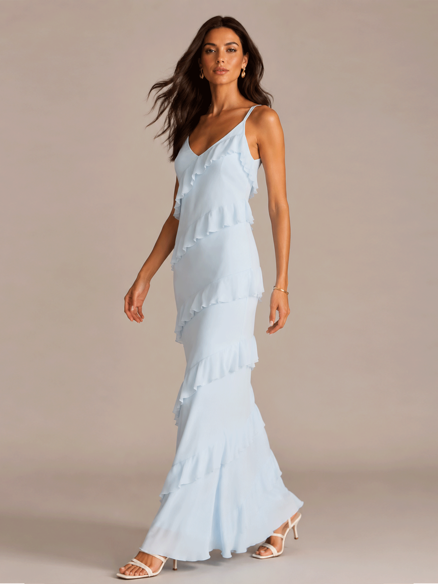 Spaghetti-Strap V-Neck Ruffled Maxi Dress