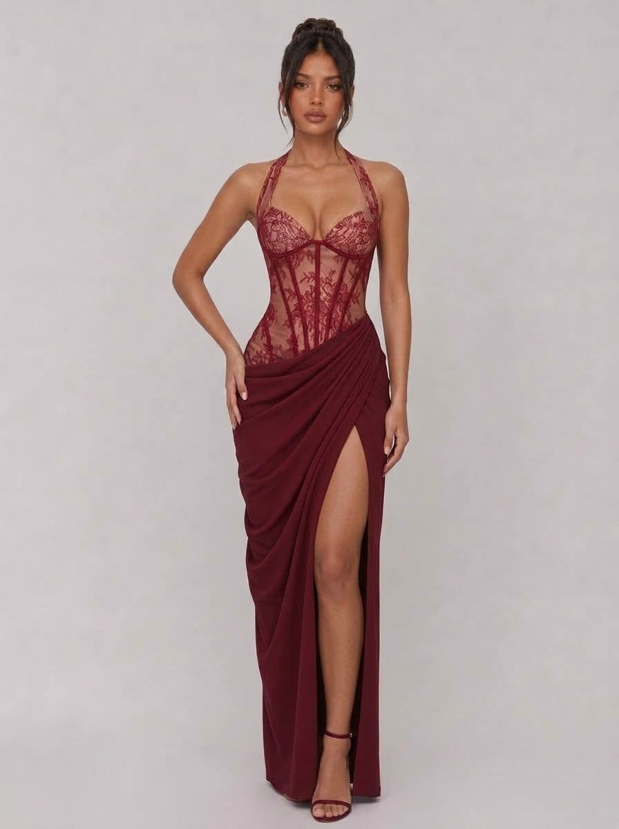 Theresa Lace Corset Slit Maxi Dress