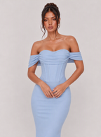 Zephrina Veridiana off-shoulder draped maxi dress in blue