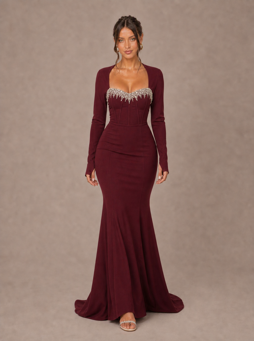 Zephrina Evangeline scalloped neckline knit maxi dress in burgundy