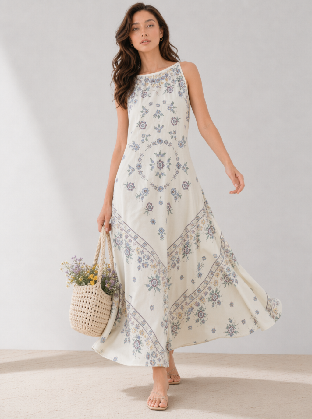Zephrina Isolde border print maxi dress in ivory