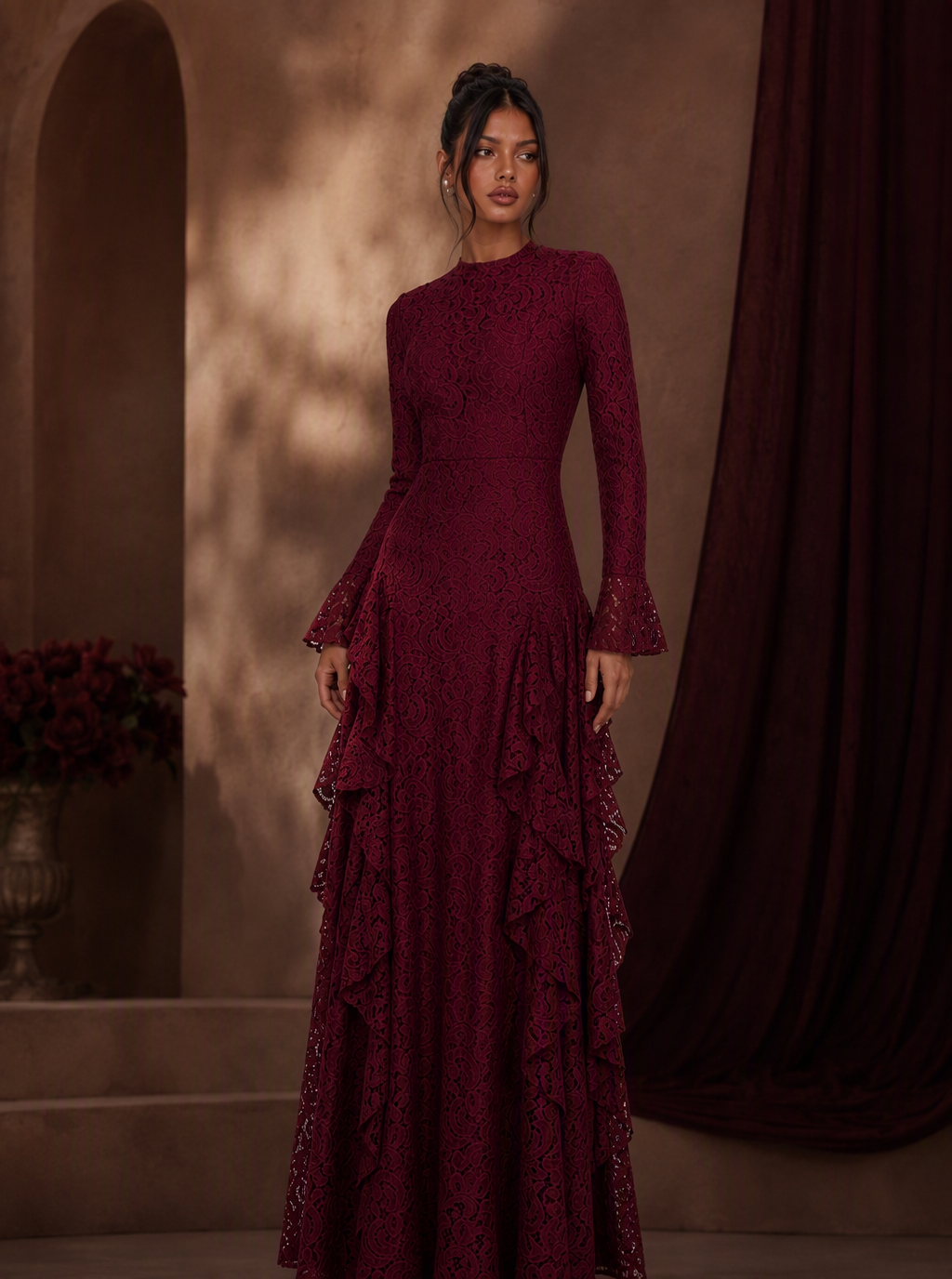 Zephrina Isolenne ruffle knit maxi dress in burgundy
