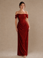 Zephrina Sabine off-shoulder glitter ruched maxi dress in silver