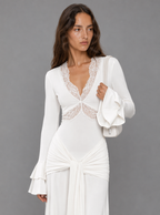Zephrina lace-trim long-sleeve maxi dress with front drape