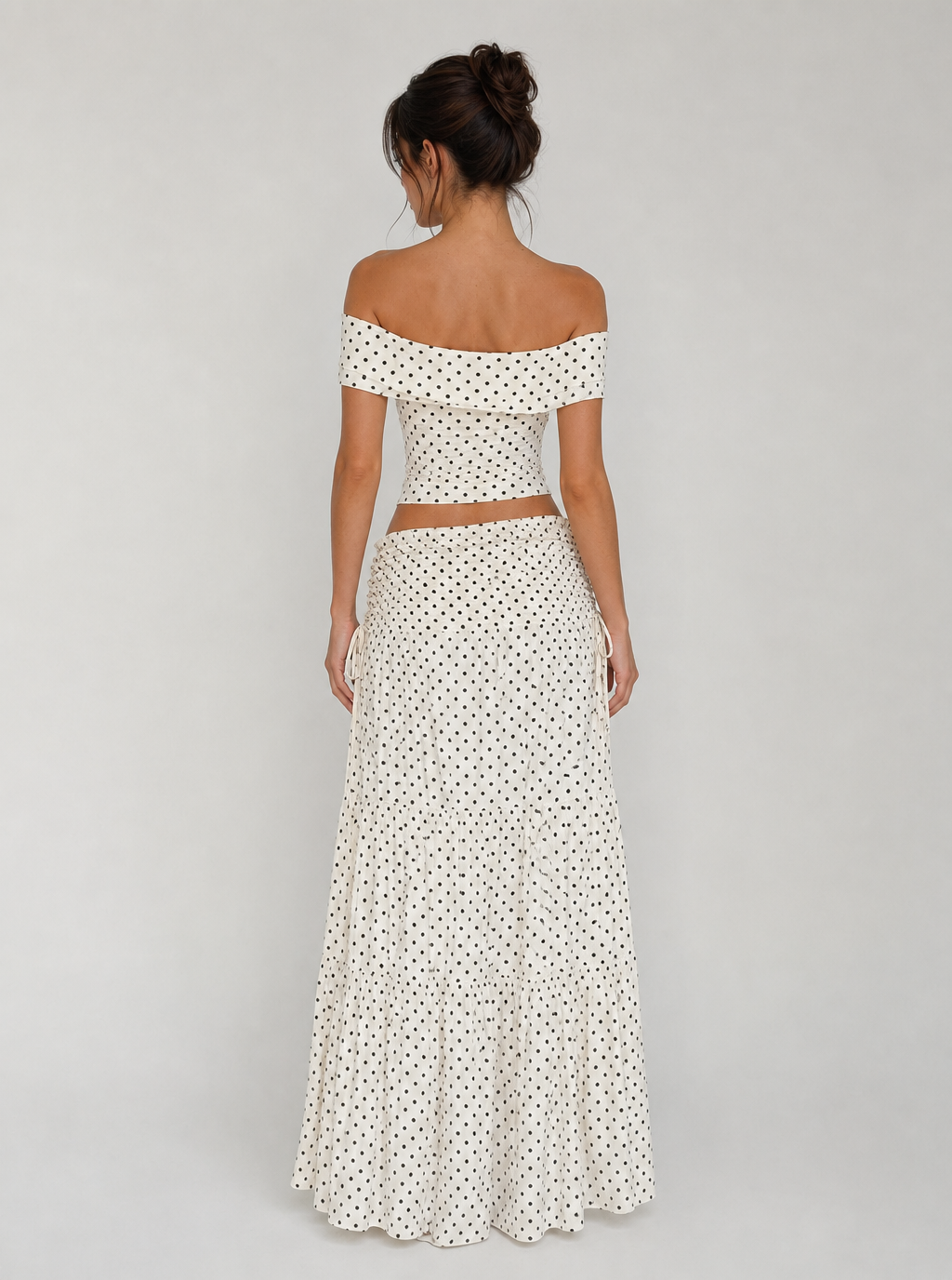 Zephrina Vintage Polka Dot Off-Shoulder Two-Piece Maxi Set