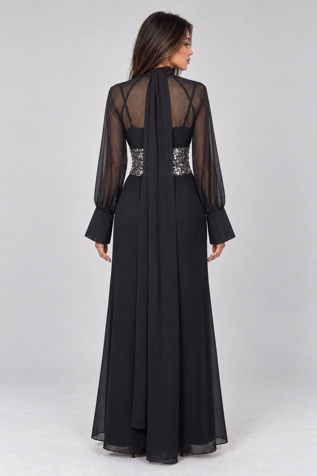 Zephrina Euphrasie sequin-waist mesh-sleeve maxi dress in black