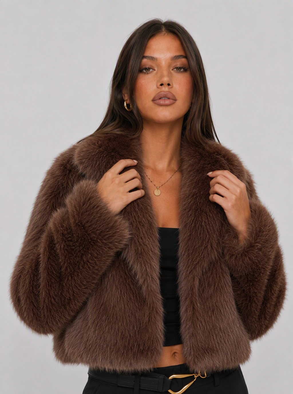 Zephrina Violetta cropped faux fur coat in coffee