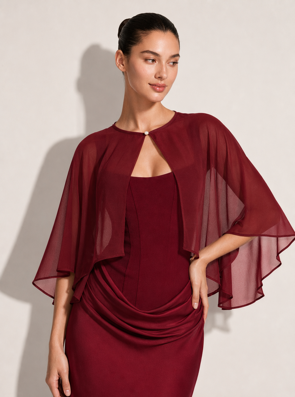 Zephrina sheer cape shawl in burgundy