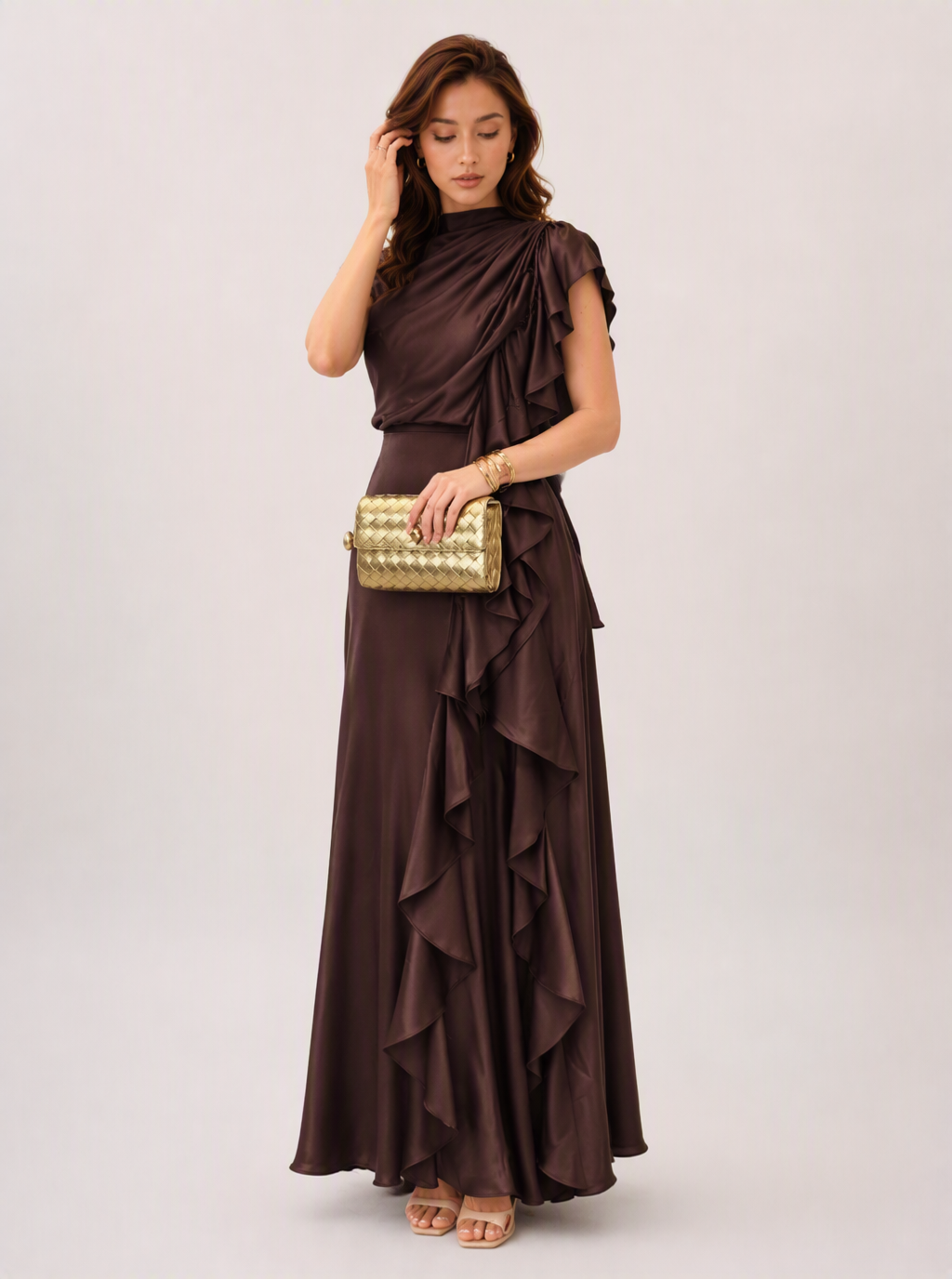 Zephrina Helene ruffle satin maxi dress