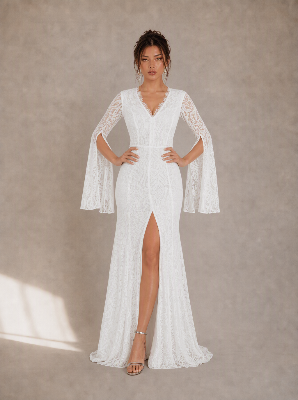 Zephrina Serafine cape-sleeve lace slit maxi dress in burgundy
