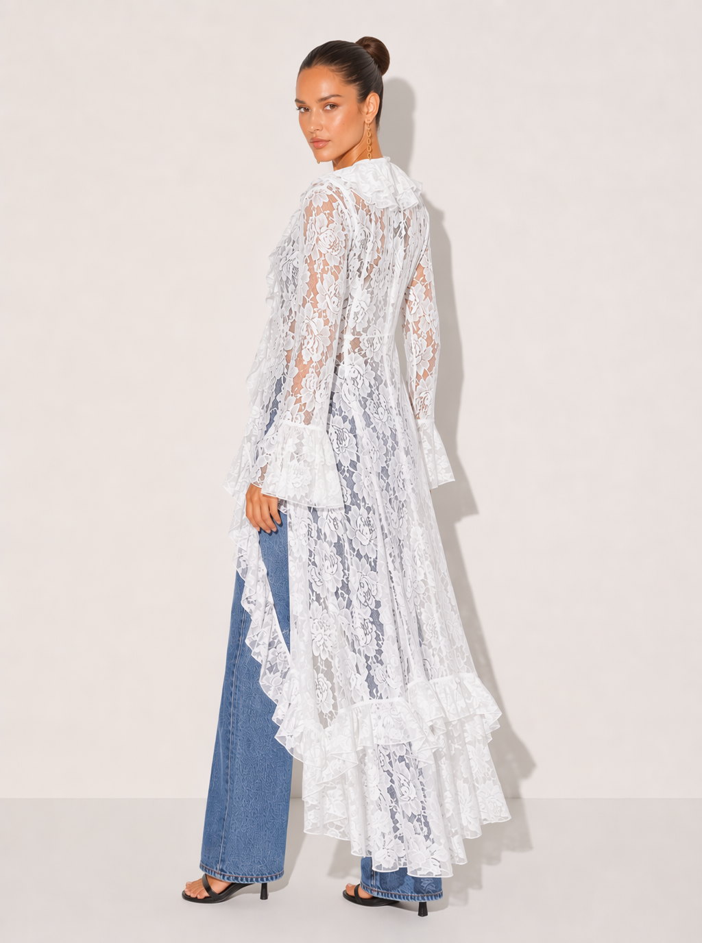 Zephrina Quintessa lace ruffle duster cardigan in white