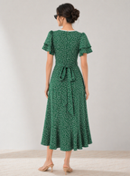Zephrina Fiora polka dot ruffle midi dress in green