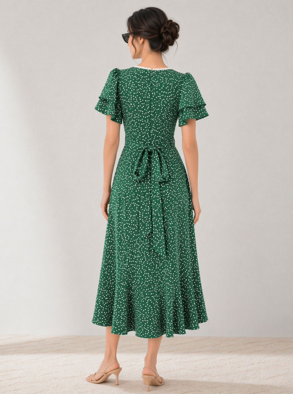 Zephrina Fiora polka dot ruffle midi dress in green