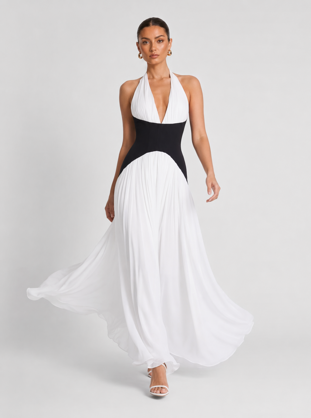 Zephrina Black White Color Block Halter Corset Chiffon Maxi Gown
