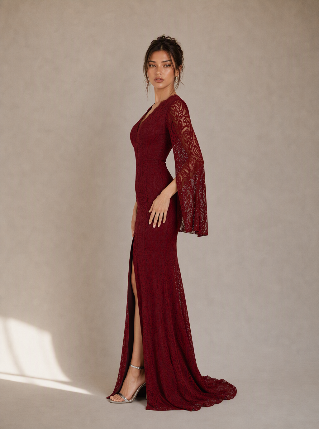 Zephrina Serafine cape-sleeve lace slit maxi dress in burgundy