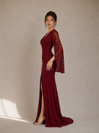 Zephrina Serafine cape-sleeve lace slit maxi dress in burgundy