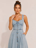 Zephrina Light Wash Denim Square Neck Midi Dress