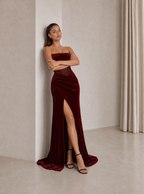 Zephrina Jessamyn sheer-corset velvet maxi dress in burgundy