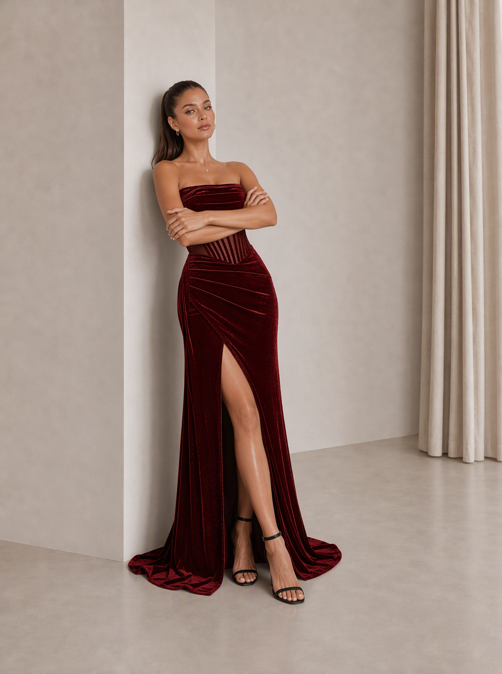 Zephrina Jessamyn sheer-corset velvet maxi dress in burgundy