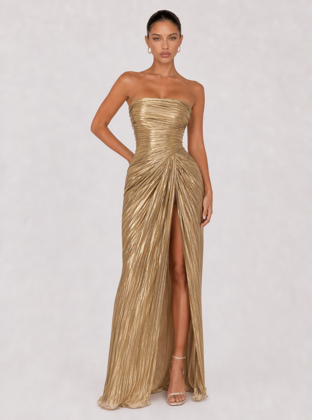 Zephrina Ulyssa pleated satin maxi dress in gold