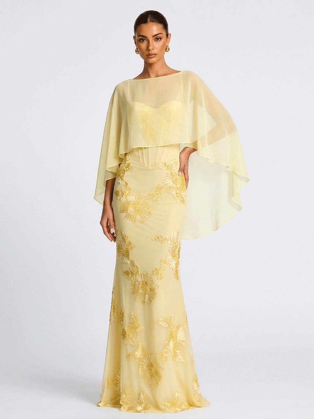 3D Floral Lace Mermaid Maxi Gown With Matching Chiffon Cape
