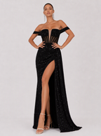 Zephrina Fiorella off-shoulder sequin maxi dress in black