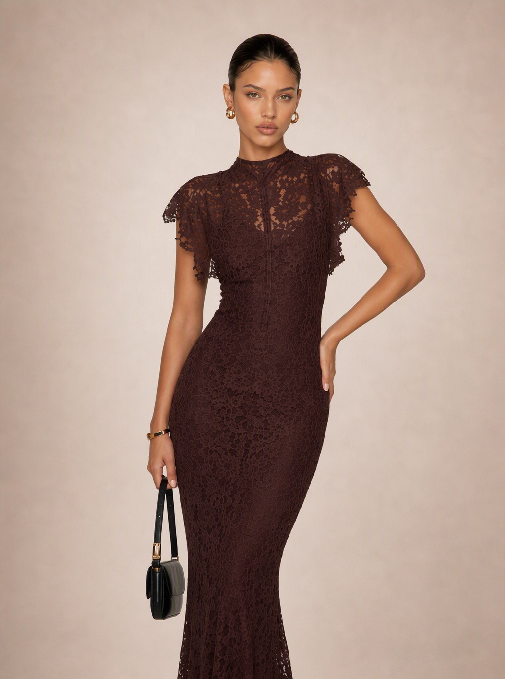 Zephrina Galatea high-neck lace maxi dress in brown