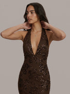 Zephrina Maelys plunging sequin maxi dress in coffee