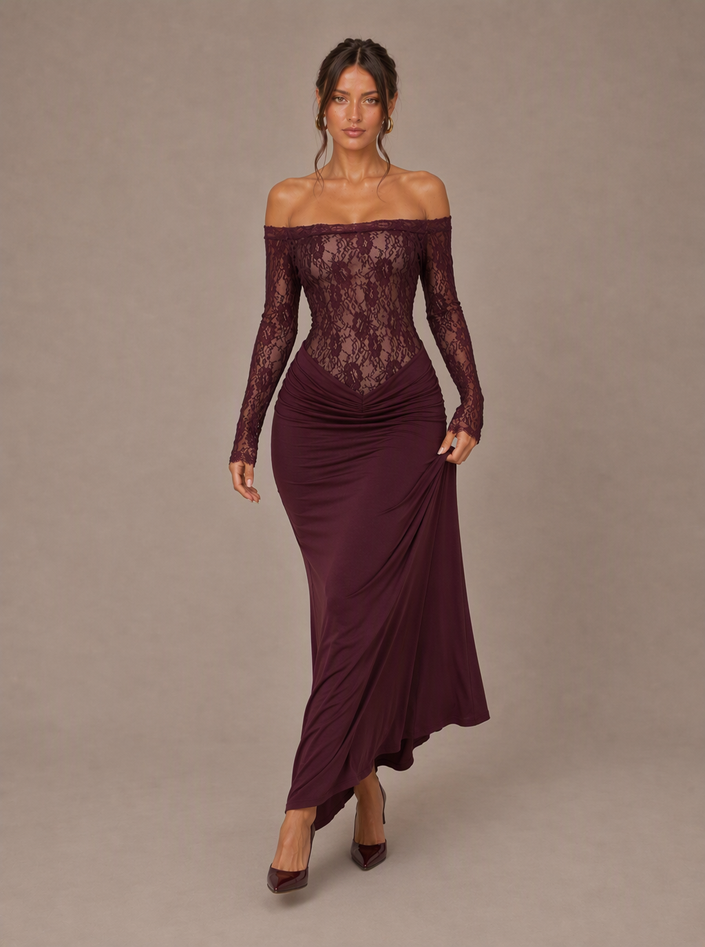 Zephrina Annelore off-shoulder lace-sleeve slit maxi dress