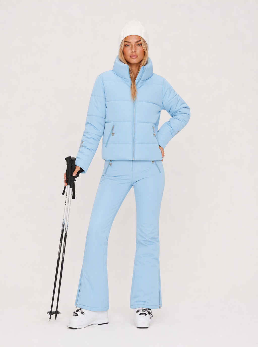 Zephrina Ingunn pastel quilted ski set with hooded jacket and flared pants in blue