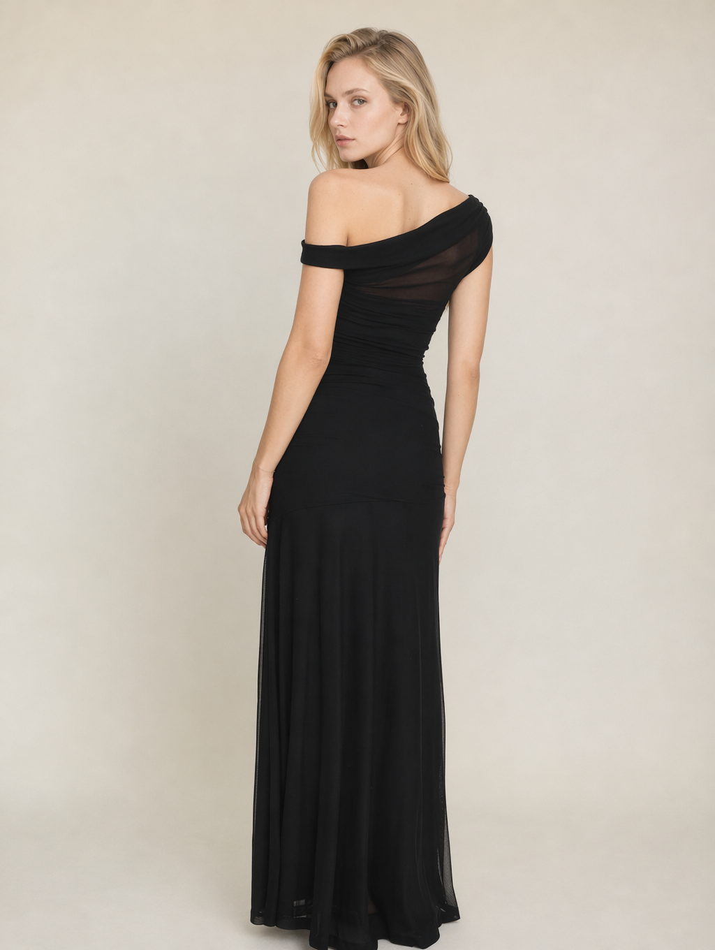 Black Asymmetric Neckline Mesh Maxi Dress
