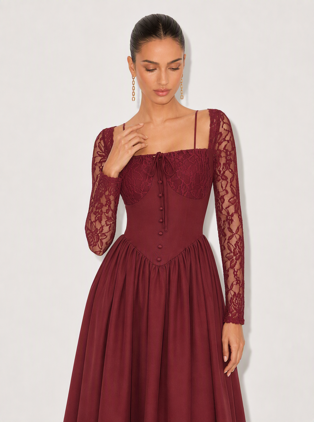 Zephrina Rowena lace sleeve midi dress in burgundy
