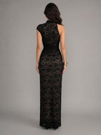 Zephrina Roswitha cutout lace slit maxi dress in black