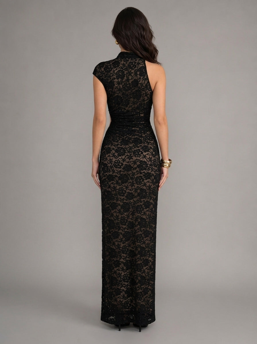 Zephrina Roswitha cutout lace slit maxi dress in black