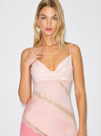 Zephrina pink asymmetric lace-panel midi dress with slim straps
