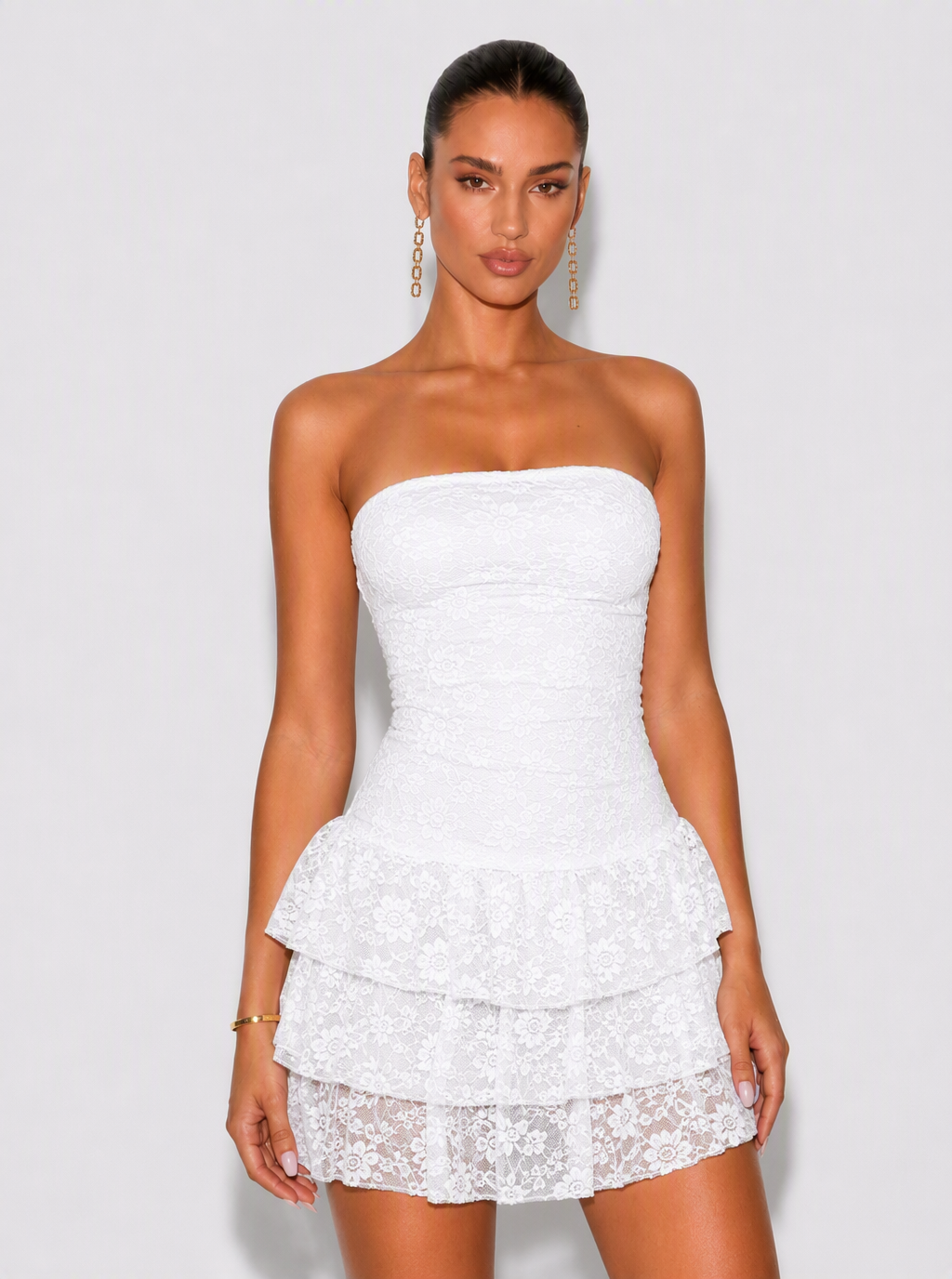 Zephrina Elara tiered lace mini dress in brown