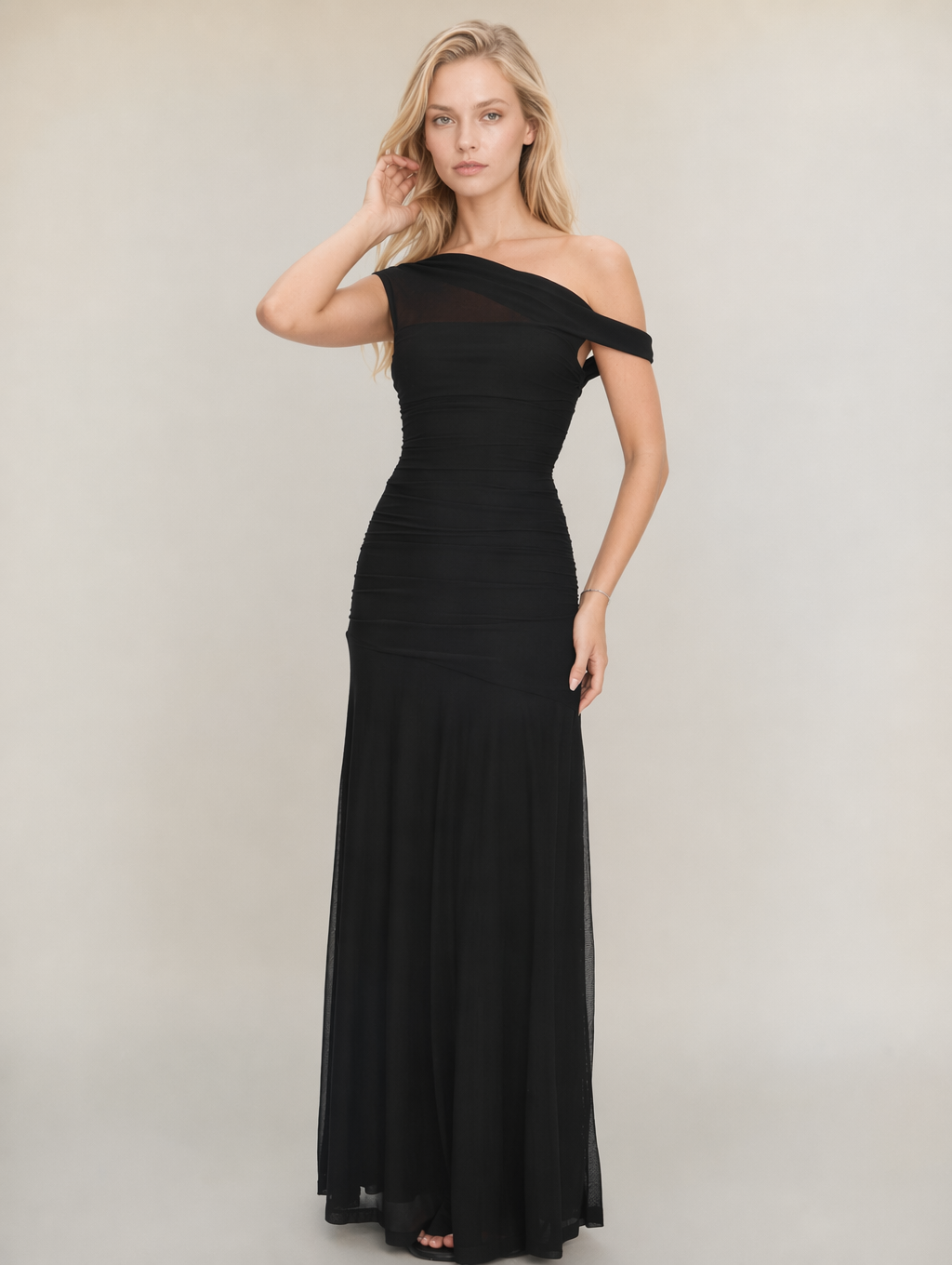 Black Asymmetric Neckline Mesh Maxi Dress