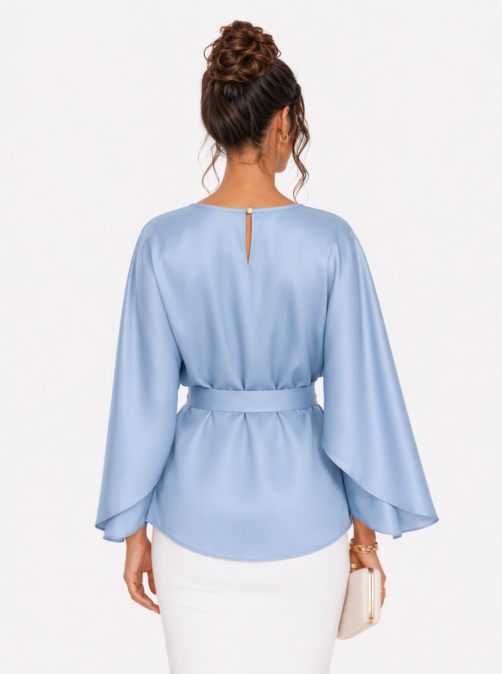 Zephrina Sabina cape sleeve satin blouse in blue