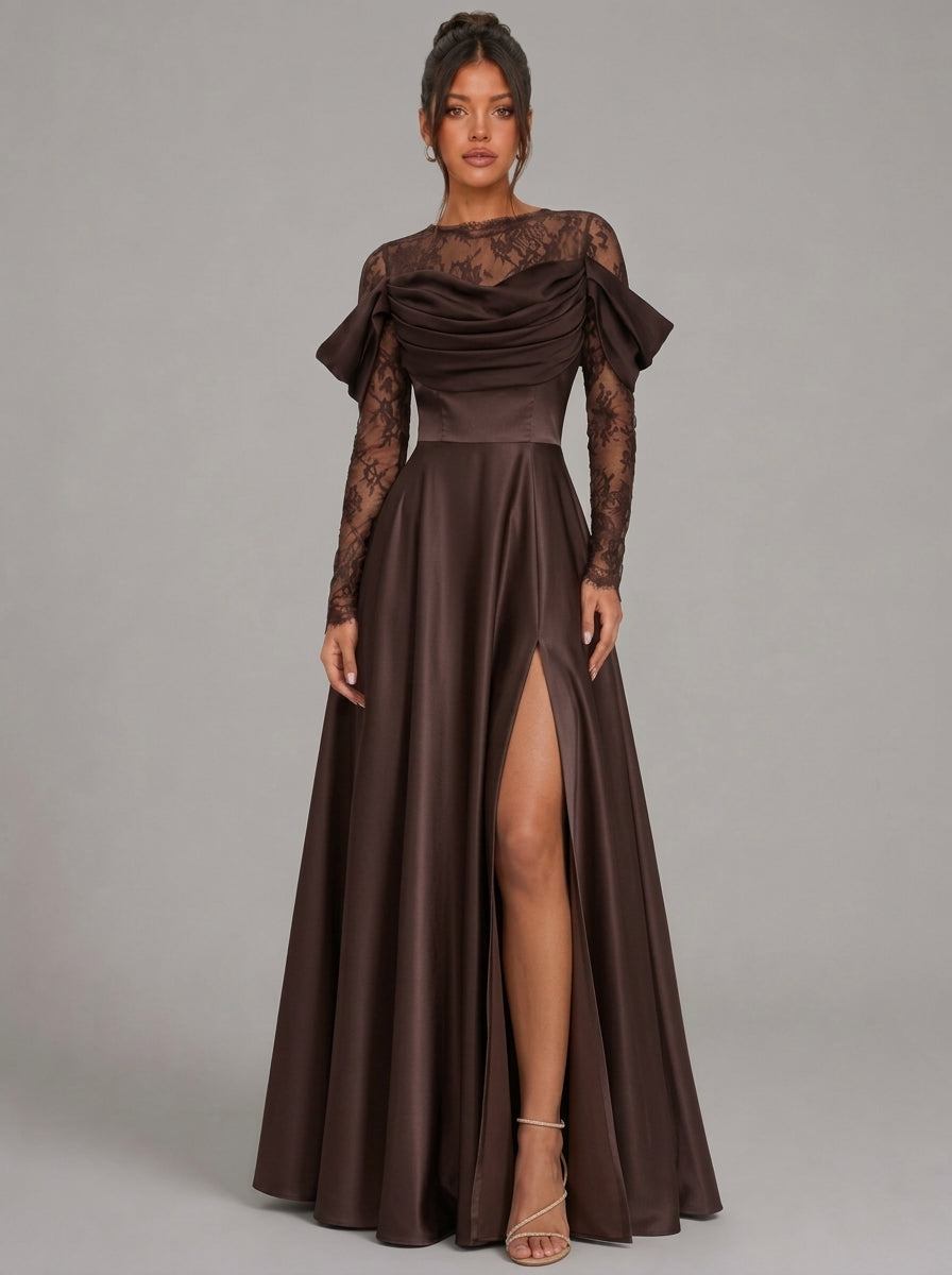 Zephrina Orelia lace satin maxi dress in brown