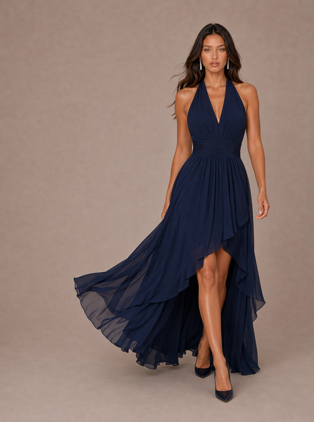 Zephrina Aurelia halter ruffle-hi-low midi dress in black