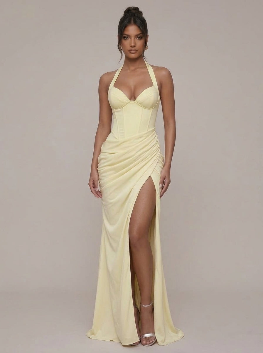 Zephrina Elaria halter draped maxi dress in white