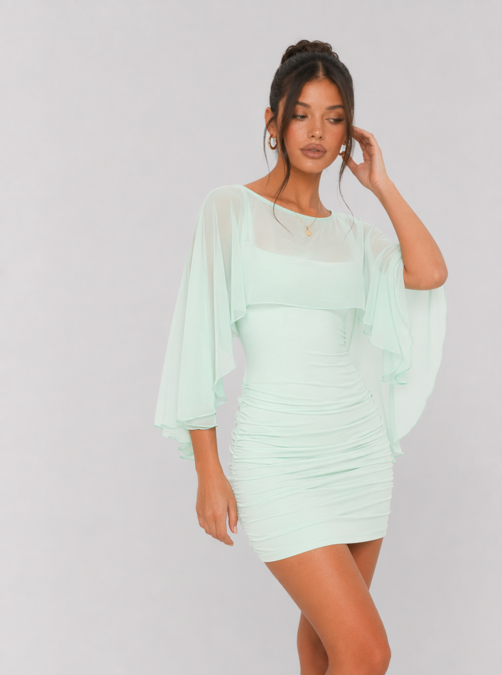 Zephrina Bellamy mesh cape-sleeve mini dress in green