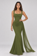 Zephrina Maureen ruched mesh-drape maxi dress in green