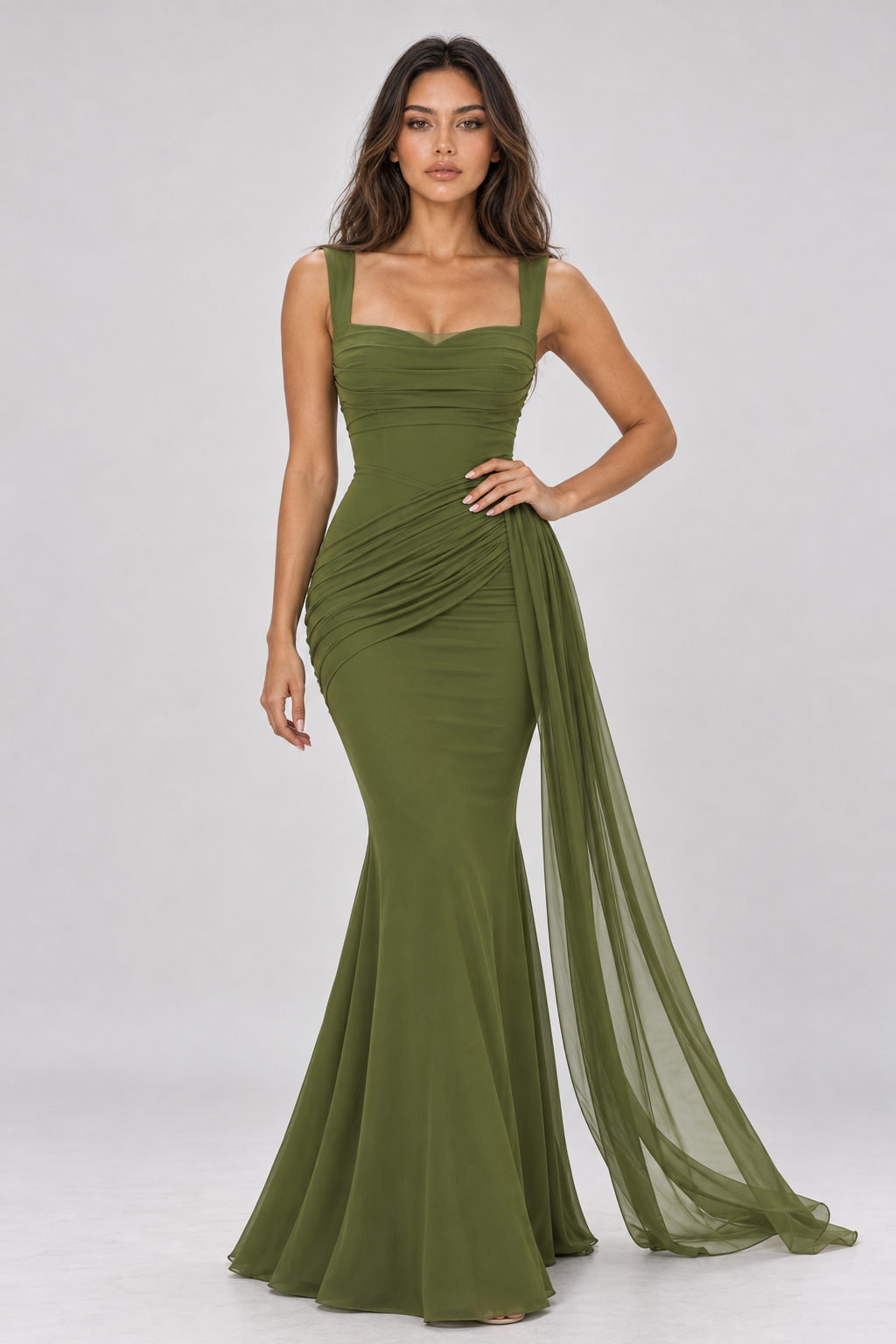 Zephrina Maureen ruched mesh-drape maxi dress in green