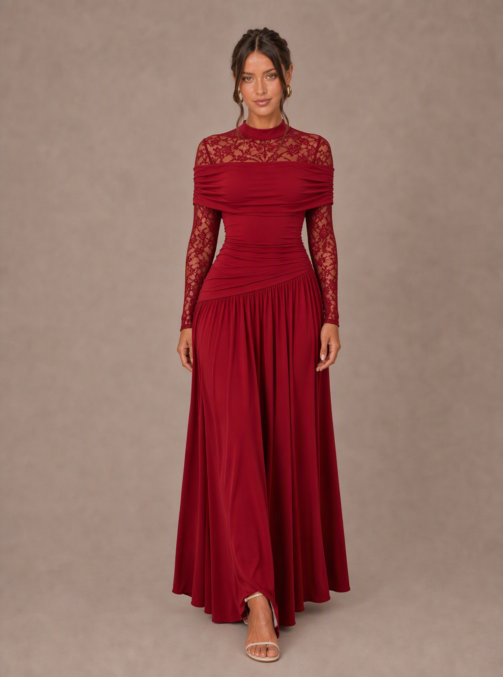 Zephrina Sophronia lace-yoke draped maxi dress in brown
