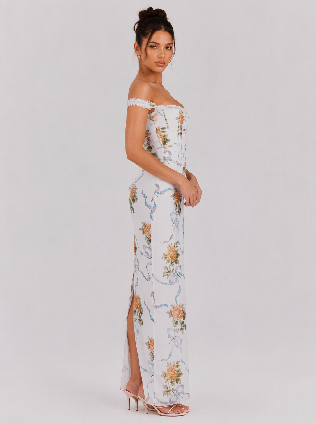 Zephrina Eglantine off-shoulder floral maxi dress in white floral print