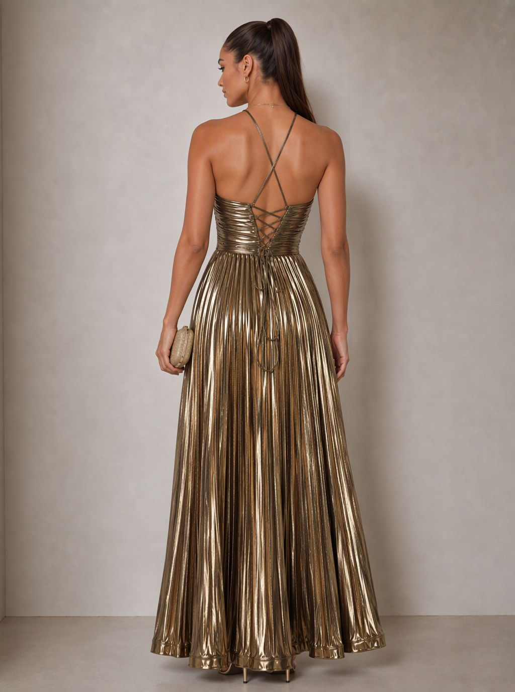 Zephrina Clarimond halter metallic pleated maxi dress in gold